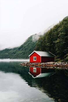 Red Cabin on a Floating Dock Reflects in Still Mountain Lake Surrounded by Misty Hills. photo