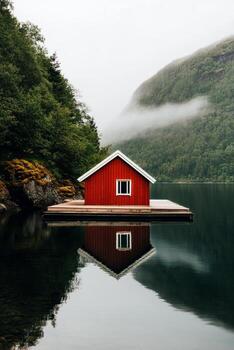 Red Cabin on a Floating Dock Reflects in Still Mountain Lake Surrounded by Misty Hills photo