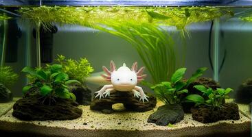 Albino axolotl resting on a rock formation in an aquarium with plants and sandy substrate visible photo