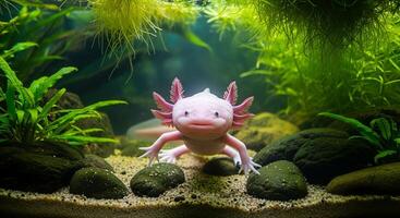 Close up of a pink axolotl in an aquarium with green plants and dark rocks on a sandy bottom view photo