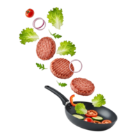 Fresh ingredients for a delicious burger flying towards a frying pan isolated on transparent background png