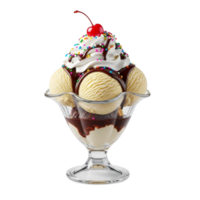 Delicious vanilla ice cream sundae with chocolate syrup sprinkles and cherry topping isolated on transparent background png