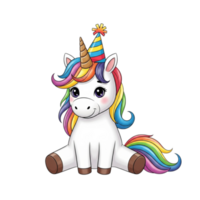 Adorable cartoon unicorn with a colorful party hat and rainbow mane and tail isolated on transparent background png