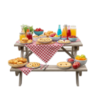 A delightful outdoor picnic spread featuring pies fruits and beverages on a rustic wooden table isolated on transparent background png