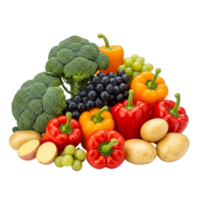 A vibrant assortment of fresh broccoli bell peppers grapes and potatoes artfully arranged isolated on transparent background png