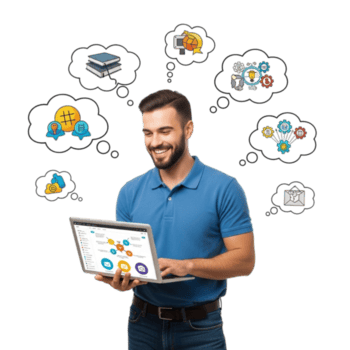 sorridente uomo con barba utilizzando un' il computer portatile circondato di pensato bolle con vario attività commerciale e tecnologia icone isolato su trasparente sfondo png