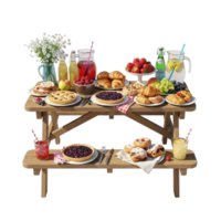 Abundant summer picnic feast with assorted pastries fruits and refreshing beverages on a wooden table isolated on transparent background png