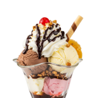 Delicious multi layered ice cream sundae with whipped cream chocolate syrup nuts and cherry isolated on transparent background png