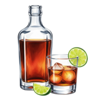 A clear glass bottle filled with amber liquid next to a glass of iced beverage with lime slices isolated on transparent background png