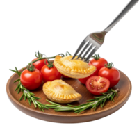 Golden baked empanadas with fresh cherry tomatoes and rosemary on a wooden plate isolated on transparent background png