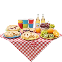 Delicious picnic spread featuring pies fruit drinks and cups on a red and white gingham blanket isolated on transparent background png