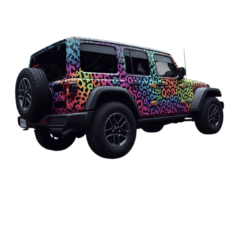 Vibrant custom jeep wrangler with colorful abstract pattern parked in a field of roses and hydrangeas isolated on transparent background png