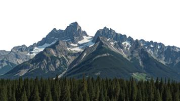 Majestic mountain range panorama with snow-capped peaks and lush evergreen forest under a tranquil png
