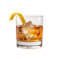 elegante ámbar cóctel con un prominente hielo cubo y un limón giro en transparente png