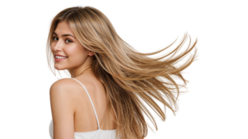 Blonde-haired woman turning back to look over her shoulder on transparent backdrop png