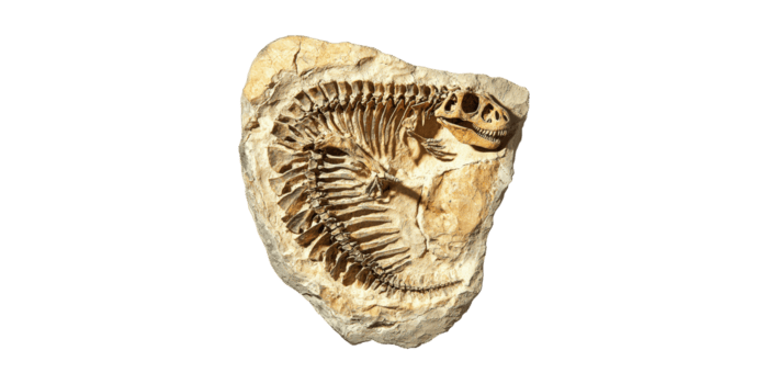 Dinosaur Fossil Embedded In Rock. Prehistoric Skeleton Display For Paleontology And Archaeology Studies Isolated On Transparent Background png