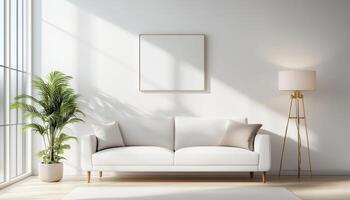 Modern Living Room With White Couch, Armchair, Lamp, And Potted Plant 3d Design Visualization. photo