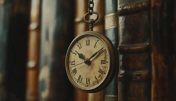 Retro Vintage Clock Hanging On Chain Amidst Old Books. Symbol Of Time Passing In History, Nostalgia, And Old Age. photo