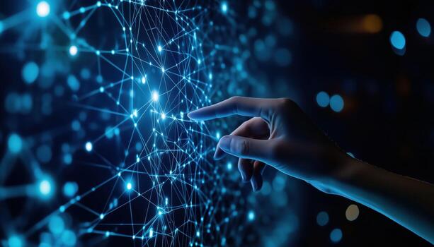 Exploring The Impact Of Hand Touching Telecommunication Network And Wireless Mobile Internet Technology With 5g Lte Data Connection On Global Business, Fintech, And Blockchain. photo