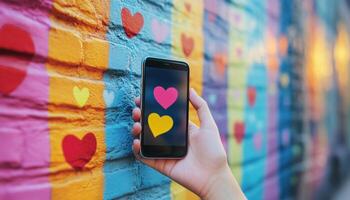 Vertical Photo Collage Featuring Hand Holding Iphone With Various Screen Notifications Showing Reactions Such As Likes, Loves, Subscribers, And Popular Content, Set Against A Painted Background