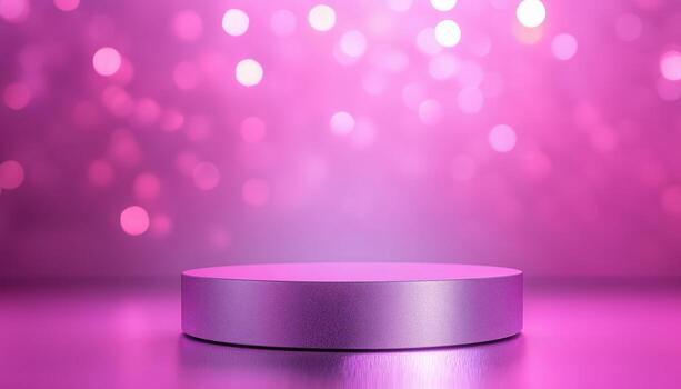 lujoso escena de plata vacío podio en rosado antecedentes con neón efectos y bokeh decoraciones, creando un maravilloso visual mostrar. foto