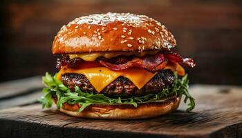 Cheeseburger with bacon and greens photo