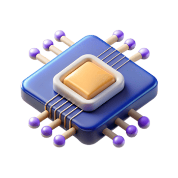 Stylized 3d computer chip microprocessor with purple pins isolated on transparent background png