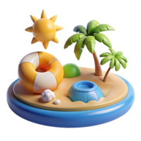 Cartoon island paradise with palm trees sun and inflatable ring png