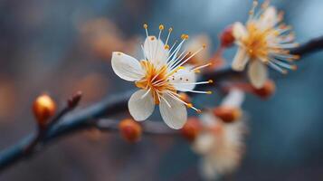 Delicate White Blossoms Adorn a Dark Branch Against a Muted Background photo