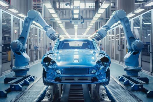 High-tech robotic arms work on assembling a blue car on an advanced production line in a modern automotive facility photo