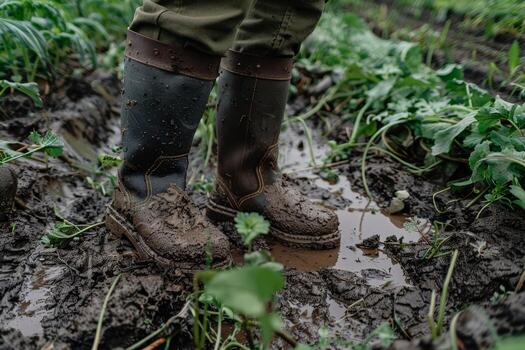 Muddy boots navigate through wet soil, showing the dedication of a farmer working in a vibrant, green field under bright daylight photo