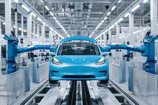 A vibrant blue car undergoes painting processes in a modern American paint shop, surrounded by high-tech robotics and efficient workflows photo