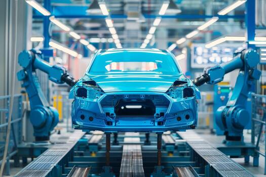 A blue car chassis moves along a modern assembly line with robotic arms actively engaging in the production process, showcasing technology photo