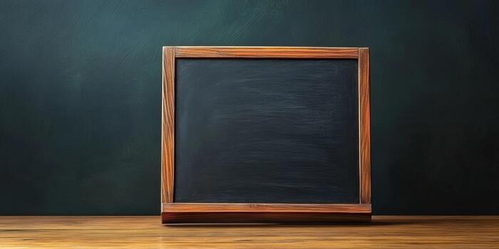 This blank chalkboard features a wooden frame and sits on a smooth surface, ideal for various writing or drawing activities photo
