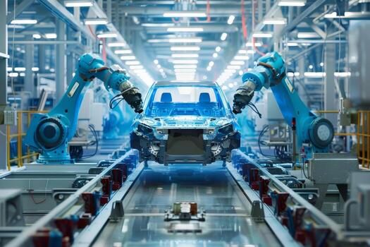 Robotic arms are actively assembling a blue car on a sophisticated assembly line within a high-tech manufacturing facility photo