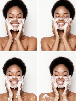 Bright and cheerful, a woman smiles while applying cleansing foam to her face, enjoying a joyful skincare routine in a bright setting photo