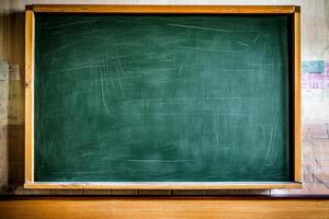 Smooth, blank green chalkboard with a wooden frame, ideal for lessons, notes, or artistic expression in a classroom setting photo