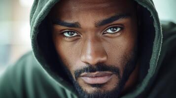 A young man with a short beard and a hooded sweatshirt gazes intensely at the camera, exuding a tough demeanor and captivating presence photo