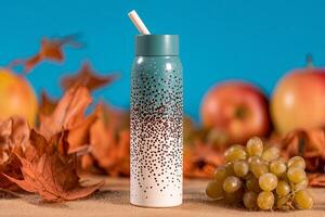 A bottle with a straw sitting next to grapes photo