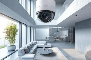 A modern living room with a large white ceiling and a large camera photo