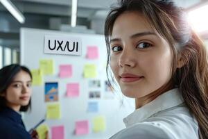 Two women standing in front of a whiteboard with the word uxu on it photo