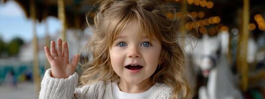 A little girl is waving at the camera photo