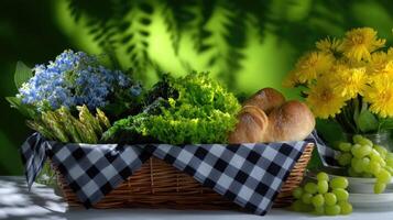 A basket with bread, grapes, and flowers on a table photo