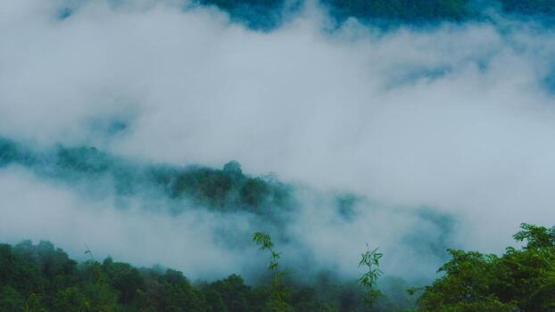 Fog flowing over a mountain landscape in northern Thailand. Aerial view of beautiful mountains and clouds with fog. photo