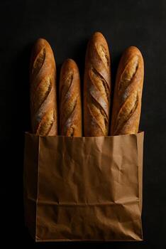 cuatro baguettes en un papel bolso en un negro antecedentes foto
