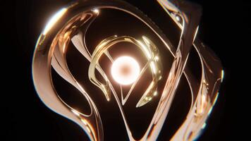 Abstract chrome shape background. Golden moprhing shapes and glowing sphere wallpaper. Futuristic fashionable metallic backdrop. Seamless loop animation. 4K 3D 30 fps video