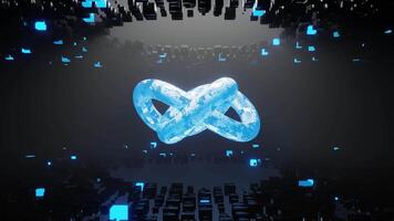 abstrakt slinga bakgrund färgrik Knut torus tillverkad av neon blå glöd hi-tech sci-fi futuristisk energi i mörk Plats med neon kuber. 4k , 3d rörelse design, rörelse grafik, 30 fps video