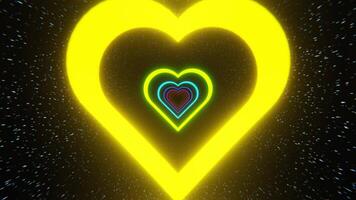 Flying through neon abstract Y2K tunnel. Valentine's Day themed glowing hearts animation. Rainbow colors in space with stars. 4K 3D seamless loop video
