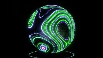 Abstract 3D background sphere sci-fi hi-tech 80s retrowave retro futuristic seamless loop. Vaporwave synthwave neon videogame style with glowing pink green lines waves brick texture video