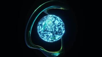 Abstract 3D animation with neon glow ball sphere of aurora colours gradient and twisted bent torus shape spinning and rotating around 4K 30 fps seamless loop science futuristic video